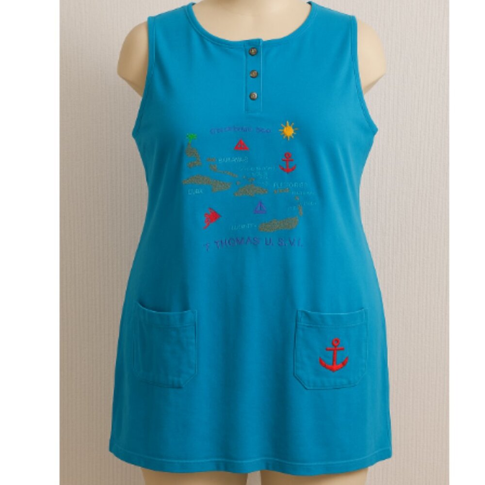 St. Thomas USVI Caribbean Embroidered Nautical Tank Tunic Blue Sleeveless XL